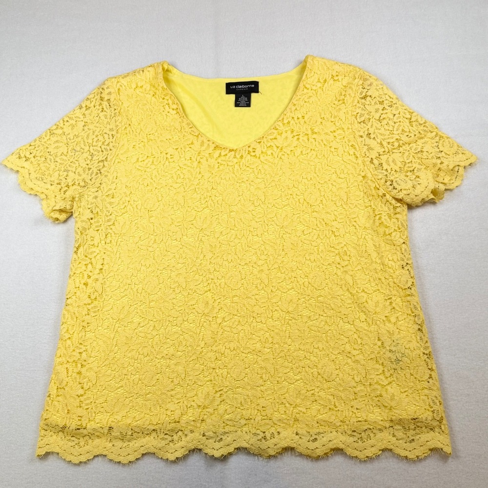 Liz Claiborne Career Yellow Floral Lace V-Neck Blouse Short Sleeve Lined Large